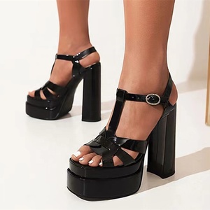 Sandales romaines à plateforme épaisse noires, printemps-été 2022, style rétro, bout carré, boucle à fermoir, talon épais, chaussures pour femmes, taille 43 - Product Image 1