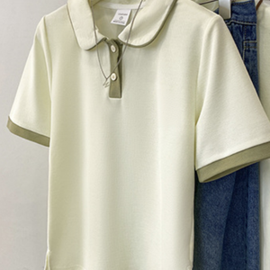 Polo de Punto Crema para Mujer, Manga Corta, Color Sólido, Transpirable, Largo Regular - Product Image 3
