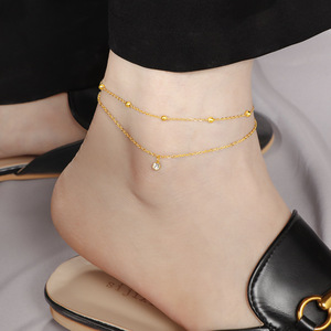 Chaîne <span class=keywords><strong>de</strong></span> <span class=keywords><strong>cheville</strong></span> double couche en acier inoxydable 316 pour <span class=keywords><strong>femme</strong></span>, avec perles et diamants, en acier titane plaqué <span class=keywords><strong>or</strong></span> 18 carats, inaltérable - Product Image 2