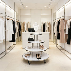 Carrito <span class=keywords><strong>de</strong></span> Exhibición Redondo <span class=keywords><strong>de</strong></span> 4 Niveles Personalizado <span class=keywords><strong>de</strong></span> Fábrica con Ruedas, Estantes <span class=keywords><strong>de</strong></span> Metal, Acero Inoxidable y Madera para Tiendas Minoristas, Envío Global - Product Image 3