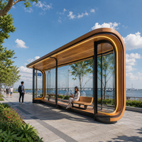 Abri de bus solaire moderne à bande LED incurvée, station d'attente de bus urbain intelligente à grain de bois
