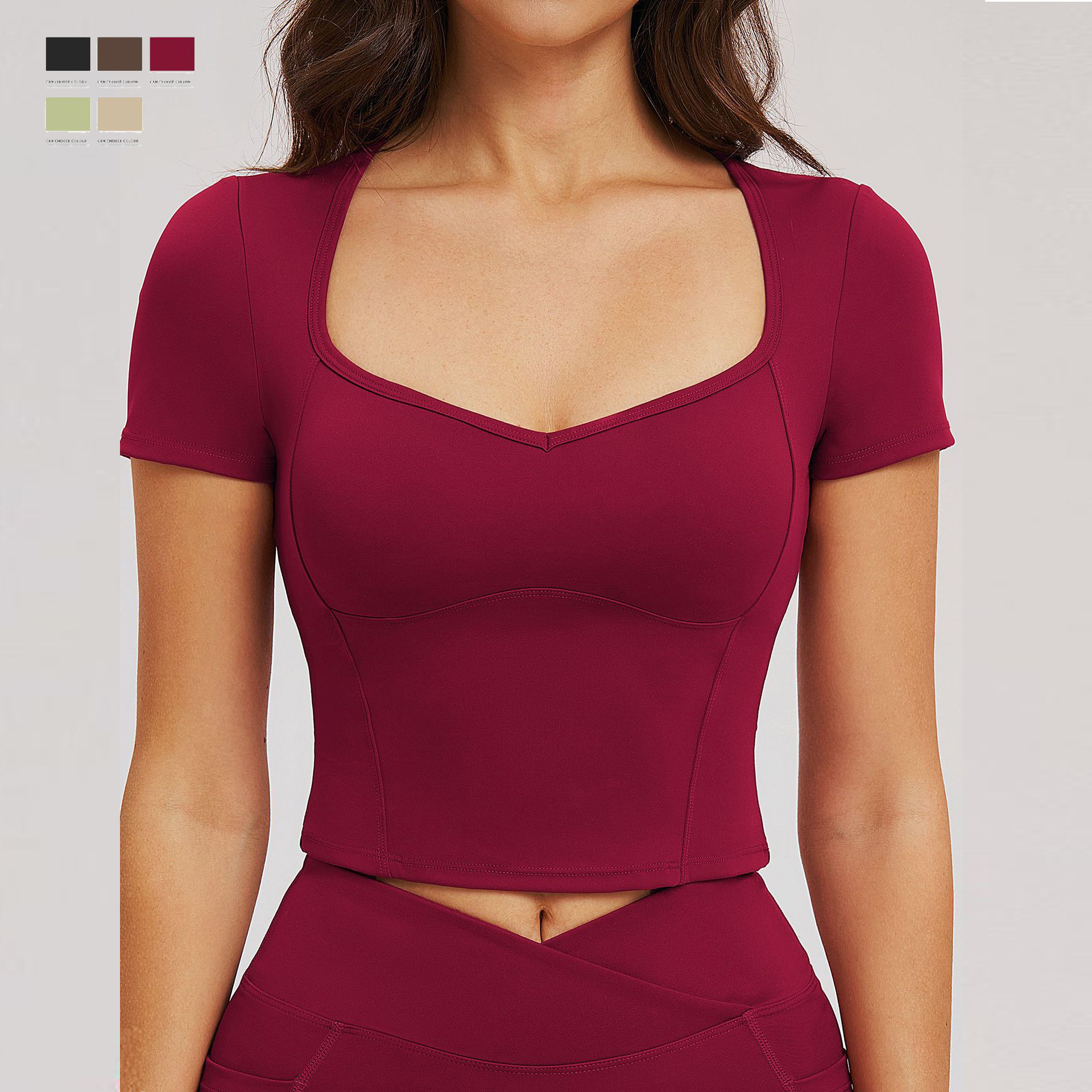 Women's Quick Dry High Elastic Square Neck Solid Yoga Short Shirts Comfortable Slim Fit Workout Crop Top with Removable Pads