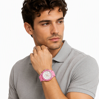 Montre chronographe analogique transparente rose personnalisée avec logo, directement de l'usine, pour femme, sport, quartz, bracelet en caoutchouc, strass, course automobile