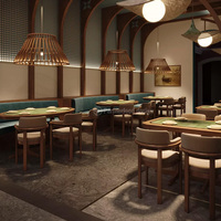 Conjunto de Mesa y Sillas para Restaurante Oriental Charm: Mesa Redonda de Piedra, Sillas de Comedor Acolchadas, Sofá Tipo Booth