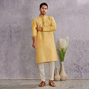 <b>Men's</b> Yellow Cotton <b>Kurta</b> Regular Fit Traditional Ethnic Wear India Pakistan Style Wedding Casual Outfit <b>Kurta</b> for <b>Mens</b> - Product Image 1
