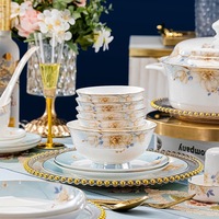 Service de vaisselle en porcelaine écologique Bishui Jiaren - Réutilisable, compatible lave-vaisselle, 60 pièces, design élégant floral avec bord doré pour les fêtes