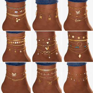 Nuevo Conjunto de Tobilleras de Moda para Mujer, Chapadas en Oro, con Cadena Cubana, Zirconia, Estrella, Mariposa y Letra, Regalo Ideal - Product Image 1