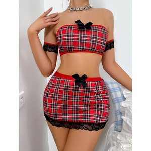 Nuovo stile europeo e americano rosso griglia fiocco Sexy tentazione appassionata <span class=keywords><strong>passione</strong></span> senza spalline gonna corta <span class=keywords><strong>Set</strong></span> - Product Image 4