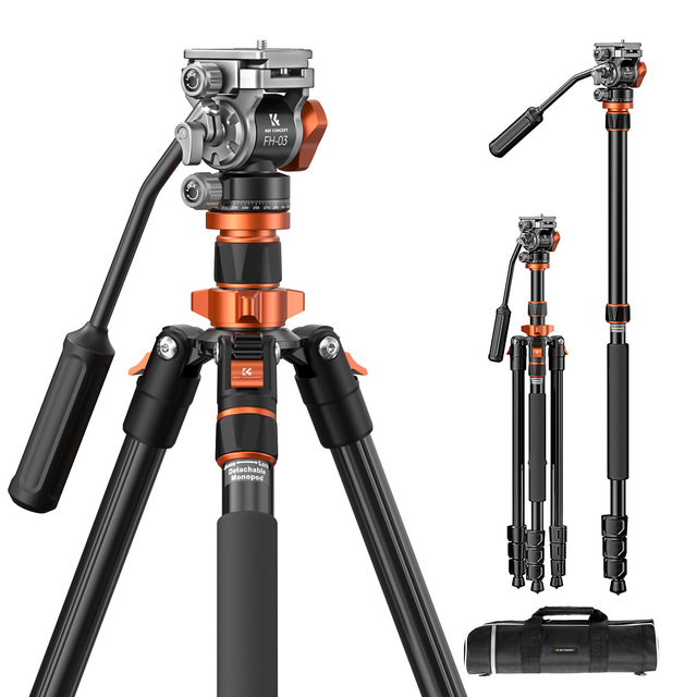 K&F Concept O234A7+FH-03 Hydraulic Video Head Tripod Foldable Detachable Monopod Quick-Release Buckle Lock Magnesium Aluminum