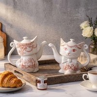 Théière en céramique en forme de chat mignon de la campagne française, théière rustique en forme de chaton pour tisanes et café à usage domestique