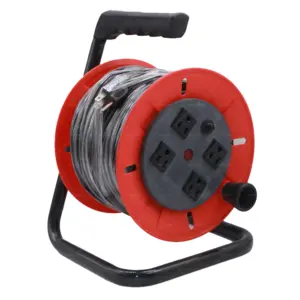 14/3 50FT SJT Metal Stand Open Cord Reel with 4 Grounded Outlets 11A Circuit Breaker Handle Rewind Retractable Extension Cord