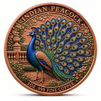 Pièce de monnaie indienne en cuivre fin .999 de 1 once, ronde, colorée, en relief 3D, motif paon, médaillon de collection, décoratif, cadeau