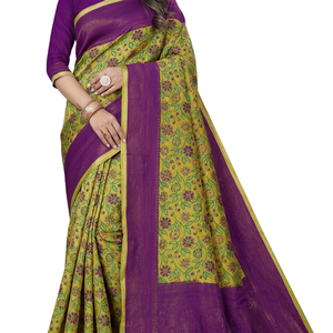 Sari de seda estampado en morado y verde con borde dorado para mujer, ropa tradicional para bodas, largo hasta el suelo, corte regular. - Product Image 1