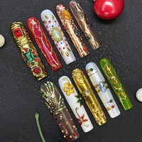 Faux ongles portables design ballerine, faits main, fleurs 3D sculptées, peints à la main, en gel, à presser pour le nail art