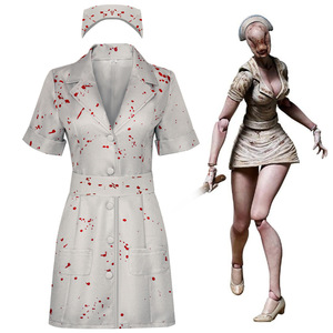 Costume d'infirmière sanglante pour femme, uniforme médical d'<span class=keywords><strong>horreur</strong></span>, robe avec casquette à effet éclaboussures et poches, tenue de cosplay sexy pour adulte, idéale pour Halloween, carnaval et fêtes - Product Image 1
