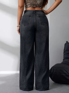 Jeans en denim <span class=keywords><strong>gris</strong></span> clair droit, <span class=keywords><strong>taille</strong></span> <span class=keywords><strong>haute</strong></span>, respirant, écologique, grande <span class=keywords><strong>taille</strong></span>, pour femmes/mères, extensible, motif uni, fabriqué par le fabricant - Product Image 2
