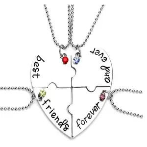 Best Friends Forever And Ever Good Friends Love Patchwork Necklace Crystal BFF Friendship Chain 4 Pendant Necklace