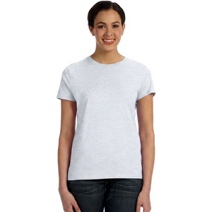 T-shirt pour femme gris clair à col en V, manches courtes, coupe classique, couleur unie, style décontracté, toile compressée, 100% coton respirant - Product Image 1