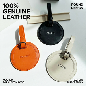 Logo personalizzato MOQ 100 unica forma rotonda In vera pelle etichetta per bagaglio <span class=keywords><strong>valigia</strong></span> viaggio porta-indirizzo magazzino - Product Image 1