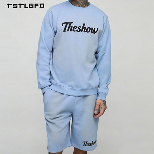 Ensemble court en coton lavé pour logo personnalisé, coupe oversize, motif imprimé lettres, pour marque streetwear, ensemble col rond - Product Image 1