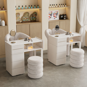 Cream Style Manicure Table Nail Salon <b>Desk</b> with Chairs, Modern Nail Tech Workstation Set for <b>Beauty</b> Spa - Product Image 3