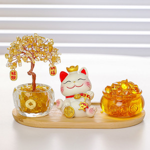 Ensemble cadeau de décoration pour la maison : Arbre à argent en cristal jaune et bassin au trésor, motif Chat porte-bonheur - Product Image 4