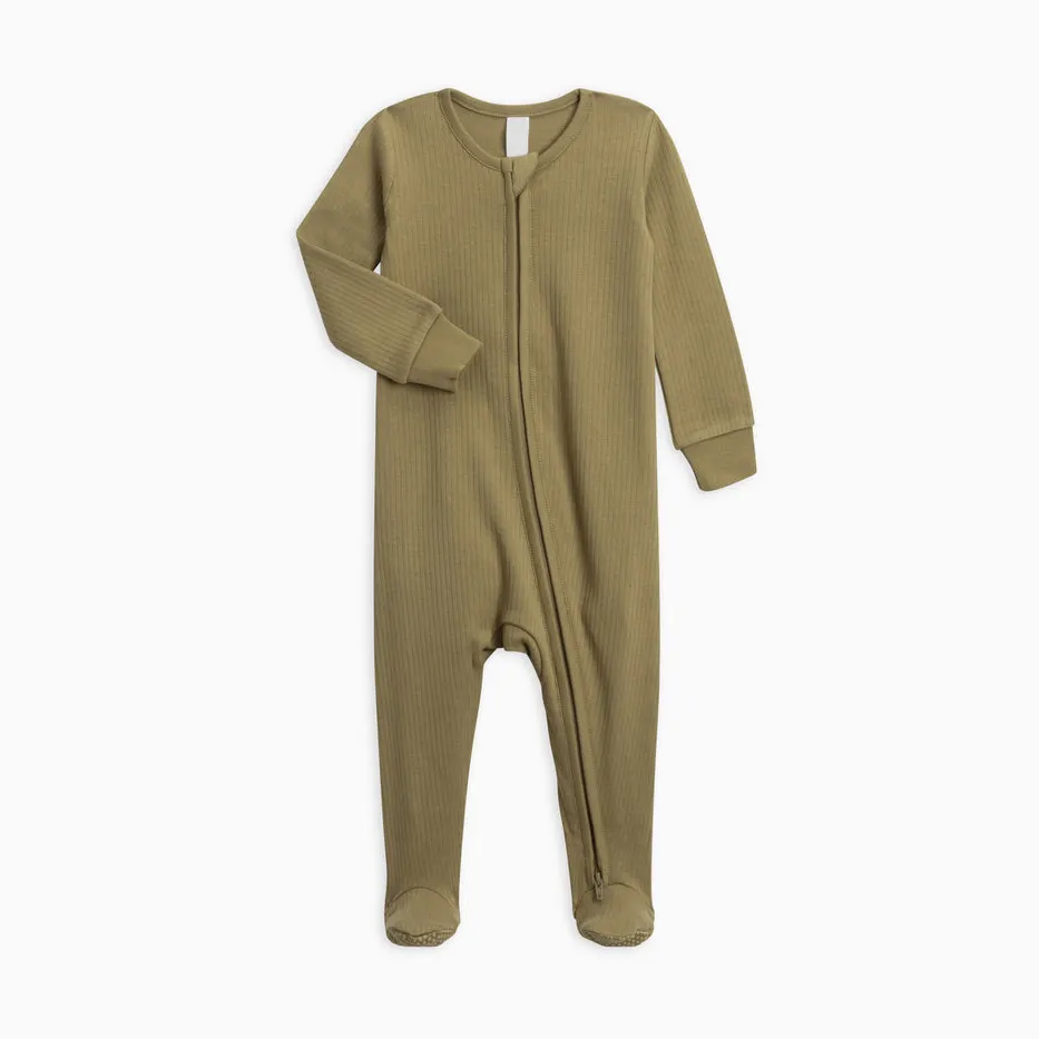 Kunden spezifisches Design Baby Stram pler Großhandel Unisex Kleinkind Kleinkind lässige Overalls Bio-Baumwolle Baby gerippt Langarm Reiß verschluss Schläfer