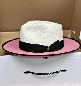 Chapeau Fedora en paille bicolore avec ruban noir et bord rose, chapeau de soleil de plage pour femme, style décontracté printemps-été - Product Image 2