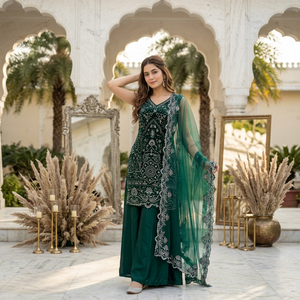 Elegante Conjunto de 2 Piezas para Mujer, Top de Gasa Tejida con Bordado y Cuello en V y Pantalones Palazzo, Verde, Corte Holgado, Largo Completo, Primavera/Verano, Talla XS - Product Image 1