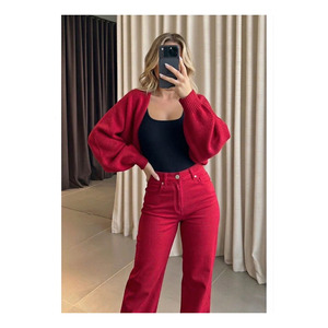 Boléro en tricot rouge pour femmes, manches raglan, style coréen, à porter toute l'année - Product Image 2