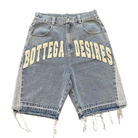 EDGE DENIM Short en jean baggy pour homme, personnalisé, à ourlet brut, effet usé, avec strass et broderies appliquées