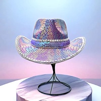 Chapeaux de fête pour femmes, style cowboy, à imprimé serpent irisé violet, ornés de paillettes et de clous, pour le Pride, les raves, les enterrements de vie de jeune fille et les festivals de musique, vente en gros