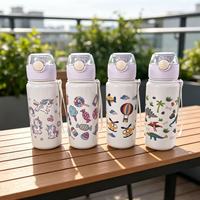 Bouteille d'eau portable en plastique de 500 ml avec paille et motif de dessin animé mignon pour enfants, idéale pour la rentrée scolaire, vente en gros, logo personnalisé / OEM
