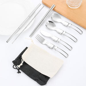 Stainless Steel Folding <b>Cutlery</b> <b>Set</b> <b>Portable</b> Spoon Fork Knife Chopsticks Kit For Camping Travel Outdoor Use Collapsible - Product Image 3
