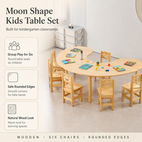Ensemble table et chaises en bois en forme de lune pour enfants d'âge préscolaire, six places, mobilier Montessori pour enfants, maternelle, garderie, salle de classe
