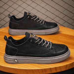 Baskets basses tendance pour hommes, style décontracté, semelle épaisse et durable, en cuir véritable noir, pour femmes - Product Image 1