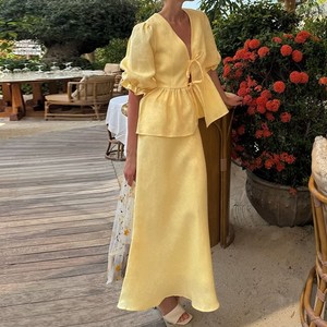 Women's Summer New <b>Bubble</b> Sleeve V-neck Tie <b>Tops</b> High Waisted Skirt 2 Piece Set Fashion - Product Image 2