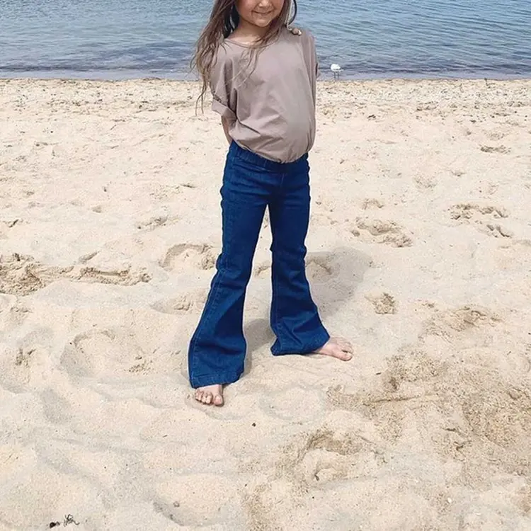 High quality customize fashion elasticated waist flare bell bottom boot cut denim jeans for baby girls kids
