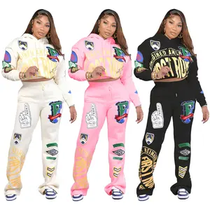 Women's Clothing Winter Streetwear 2023 Fashion Print Fleece Flared Sweatpants and Hoodie 2 Piece Sweatsuit Jogger Pants Sets