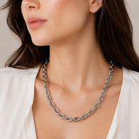Collier à maillons ovales en acier inoxydable, ton argenté, 53 cm, maillons épais, fermoir mousqueton, option ton doré