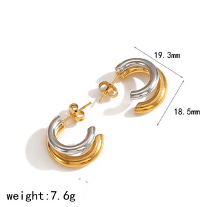 Pendientes de acero inoxidable con forma de C de doble capa geométrica, color oro y plata, a la moda para mujer - Product Image 5