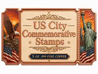 Barres de cuivre pur 999 de 1 oz et 5 oz, série U.S. Stamp City, souvenirs emblématiques de qualité supérieure, édition en relief colorée, objets de collection