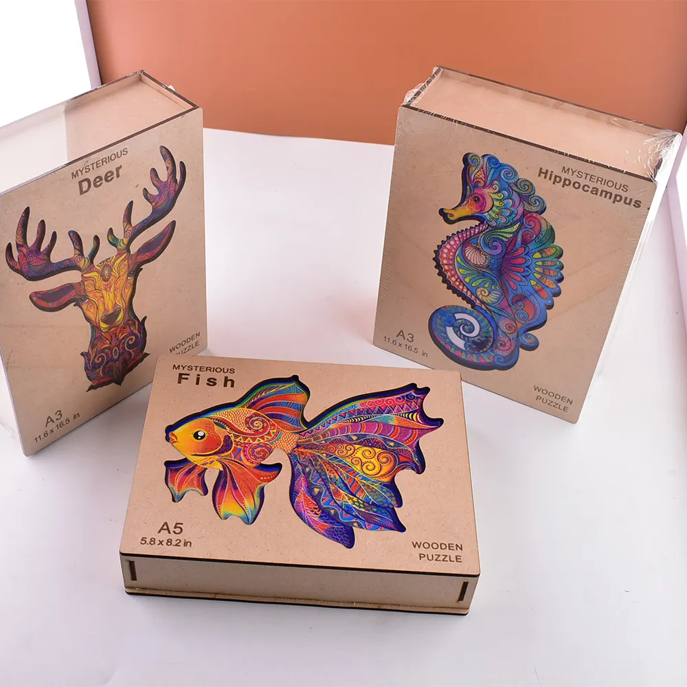 A5 penjualan terlaris hadiah terbaik warna-warni 3D hewan misterius kayu Jigsaw Puzzle untuk dewasa dan anak-anak