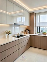 Buffet Modulaire Personnalisé pour Toute la Maison, Écologique, Moderne, Bicolore, Blanc Crème, Grain de Bois, Portes en Verre Cintrées, LED