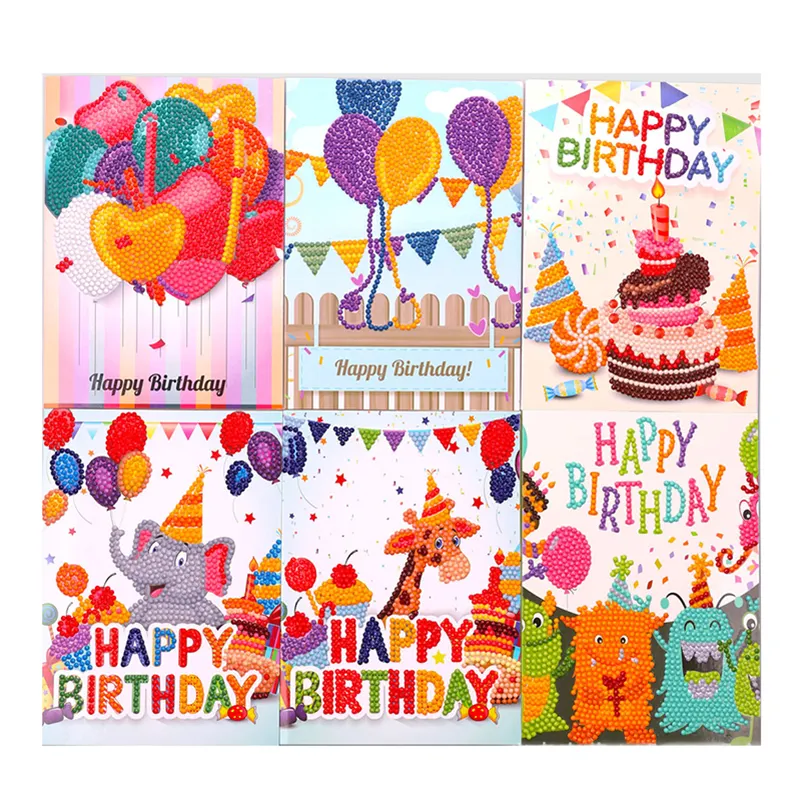 6-Pack Joyeux Anniversaire Carte de Voeux Carte Cadeau Kits Faits à la Main, Ballons, Gâteaux, Merci 5D DIY Diamant Peinture Cartes