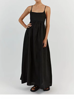 Robe longue en lin pur écologique pour femmes, bretelles spaghetti, col carré, avec poches, doublée, robe d'été pour les vacances