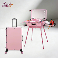Valise de maquillage professionnelle télescopique en aluminium avec lumières et haut-parleurs Bluetooth, chariot portable pour maquillage