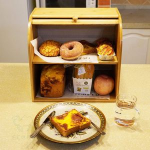 Bamboo Bread Box 2 Layer Bread <b>Storage</b> <b>Bin</b> with Roll Top <b>Lid</b> for Kitchen Countertop - Product Image 2