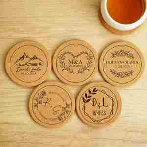 Personalized Wedding <b>Coasters</b>, Custom Engraved Rustic <b>Cork</b> <b>Coasters</b> for Reception Table Decor, Bridal Shower Party Favors - Product Image 2