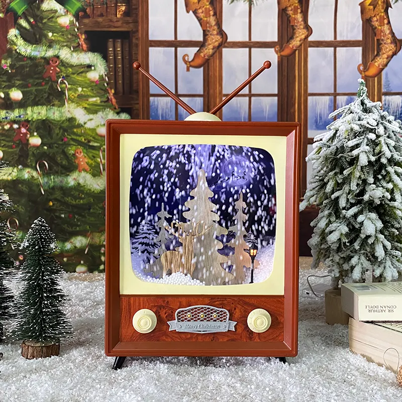 ใหม่ในร่ม Polyresin โบราณฉากซานตาคริสมาสต์หิมะโคมไฟทีวีที่มีหิมะตกภายในและไฟ Led